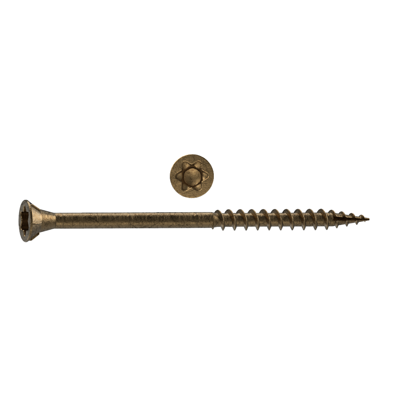 The image shows a #8 x 2-1/2 in. Go Build Star Drive Washer Head Cabinet Wood Screw (330/Pack) with a brass finish, featuring side and top views of the screw’s Torx head on a white background.